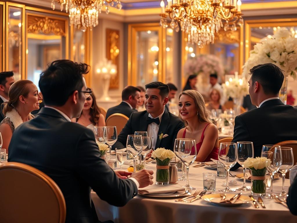 An elegant evening gala scene with guests dressed in formal attire, enjoying fine dining under soft lighting. The ambiance is luxurious, showcasing gold accents and exquisite table settings. Background features a lavish venue with decorative elements that evoke exclusivity and sophistication, emphasizing the high-end nature of the event.