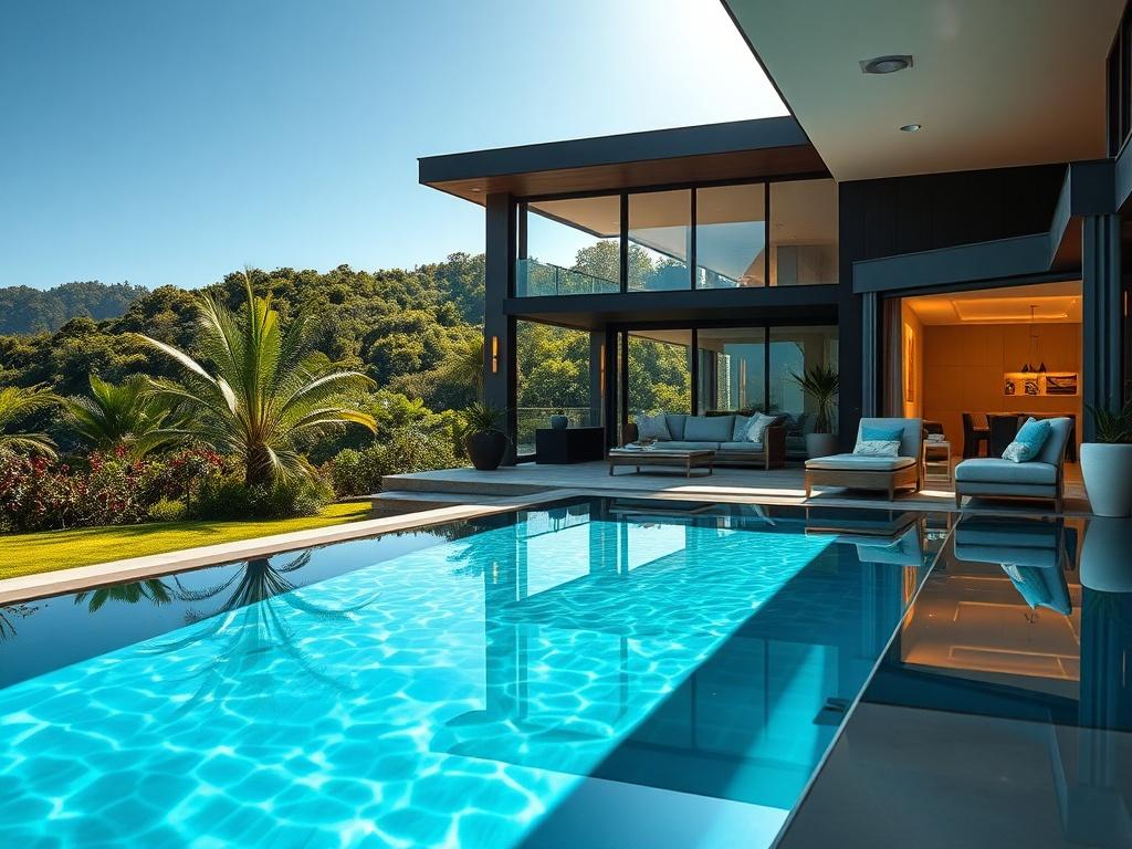 A luxurious private villa with a pristine pool, surrounded by lush greenery and elegant outdoor furniture. The setting is sunlit, showcasing an inviting atmosphere. The villa features contemporary architecture with large windows providing panoramic views. The scene is tranquil, emphasizing relaxation and exclusivity, with a dark background and refined gold accents in the decor.