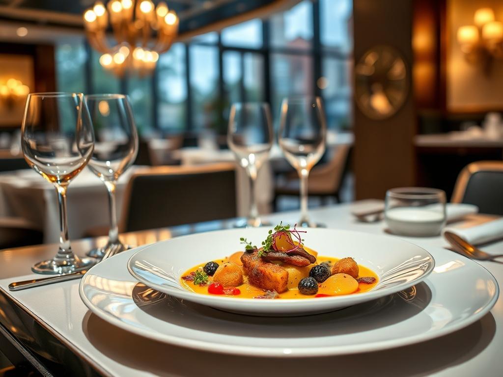 A beautifully plated gourmet dish served at a Michelin-star restaurant, featuring vibrant colors and artistic presentation. The setting includes elegant tableware and a sophisticated ambiance, illustrating the high-end dining experience. Soft lighting enhances the luxurious atmosphere, inviting guests to indulge in exceptional culinary delights.