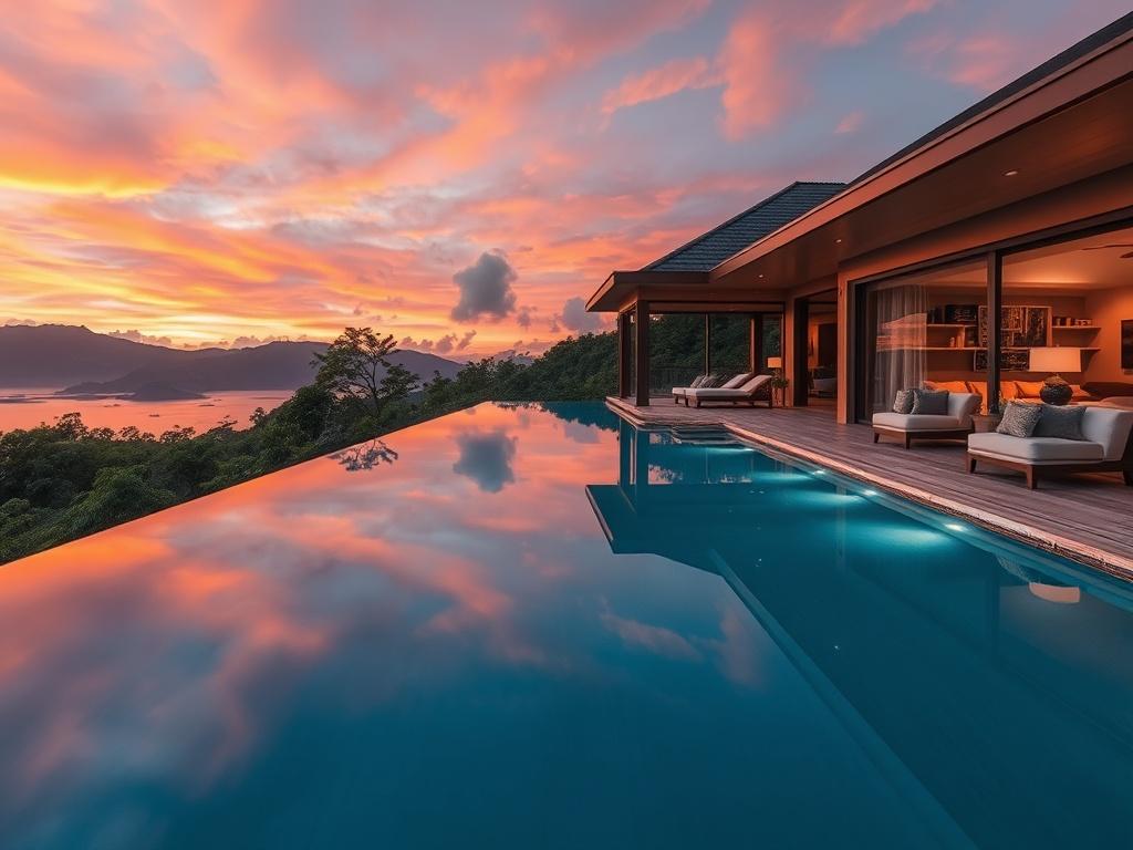 A luxurious private villa with an infinity pool overlooking a