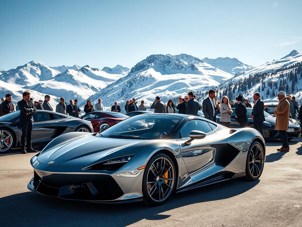 A luxurious scene from the iCE car show in St. Moritz, showcasing high-end sports cars parked elegantly against a stunning alpine backdrop. The composition should highlight the shiny, reflective surfaces of the cars with snow-capped mountains in the background and a clear blue sky. The focus should be on a single, exquisite sports car, gleaming in the sunlight, surrounded by a sophisticated crowd dressed in elegant winter attire, capturing the essence of luxury and exclusivity.