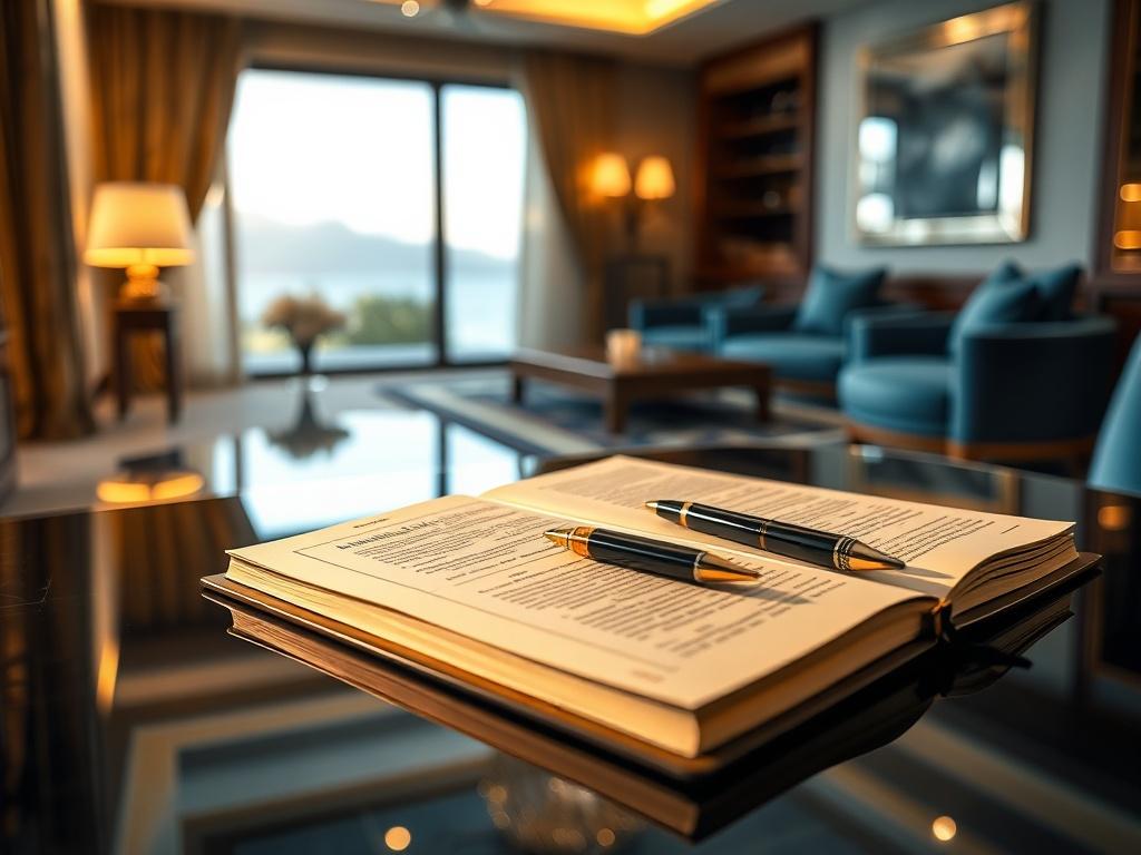 A luxurious, private setting symbolizing confidentiality and elegance. Visualize a sleek, polished desk with an exquisite travel journal open, pen poised, and a soft, golden light illuminating the scene. The background features a blurred, opulent interior of a high-end villa, with plush furnishings and rich textures, conveying a sense of privacy and exclusivity. The colors should highlight deep blues and gold accents, creating an atmosphere of sophistication and tranquility.