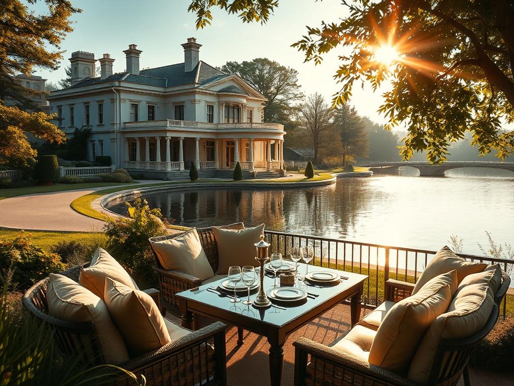 A serene and elegant hidden estate, surrounded by lush greenery and a tranquil body of water. The estate features classic architecture with refined details, reflecting a sense of legacy and timelessness. The scene captures warm sunlight filtering through the trees, creating a peaceful ambiance. In the foreground, an inviting outdoor seating area is adorned with luxurious cushions and fine tableware, embodying a sense of exclusivity and comfort.