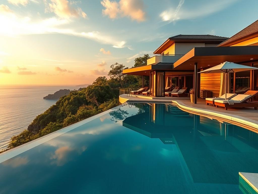 A luxurious private villa with an infinity pool overlooking a serene ocean view, surrounded by lush greenery. The scene captures the essence of relaxation and elegance, emphasizing the exclusivity of the travel experience. The image features a sunset sky, casting warm golden hues over the villa, highlighting its sophisticated architecture and inviting atmosphere.