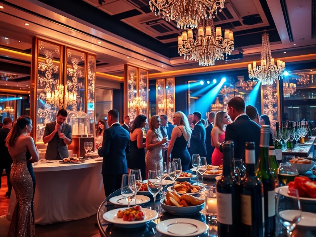 A glamorous event scene featuring elegantly dressed guests mingling at an upscale gala. The atmosphere is filled with soft lighting and sophisticated decor, emphasizing the exclusivity of the event. A lavish buffet with gourmet food and fine wines is displayed, showcasing the high-end nature of the lifestyle experiences offered.