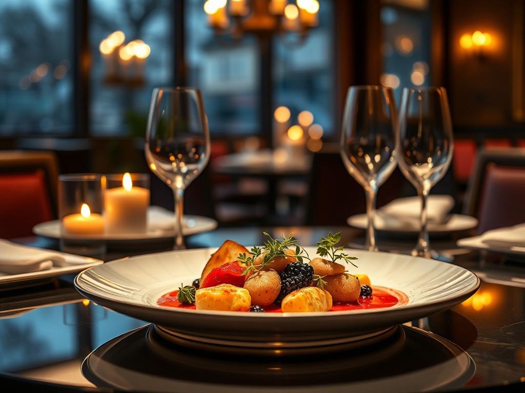 A beautifully plated gourmet dish from a Michelin-starred restaurant, showcasing artistic presentation and vibrant colors. The background features an elegant dining setting with soft candlelight, creating an intimate and luxurious atmosphere, perfect for a high-end culinary experience.