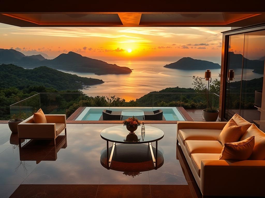 A luxurious travel scene showcasing a private villa overlooking a stunning landscape, with elegant outdoor seating and a sunset in the background. The villa should exude sophistication and exclusivity, featuring lush greenery and tranquil waters. The image should have a dark background with refined gold accents, highlighting the beauty of the villa and its surroundings.