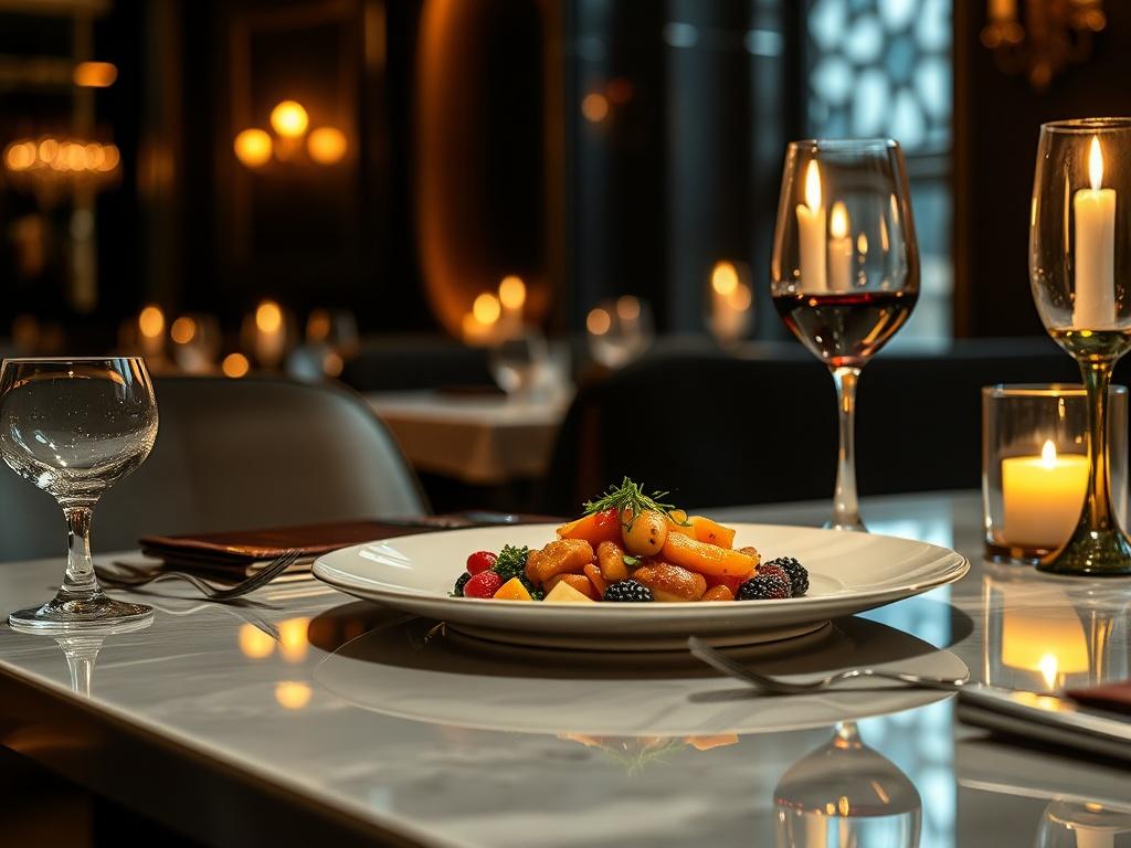 An exquisite dining setup featuring a beautifully plated gourmet dish in an elegant restaurant setting. Soft candlelight reflects off polished surfaces, creating an intimate atmosphere. The image should evoke a sense of luxury and culinary artistry, with a dark background and refined gold accents enhancing the elegance of the scene.
