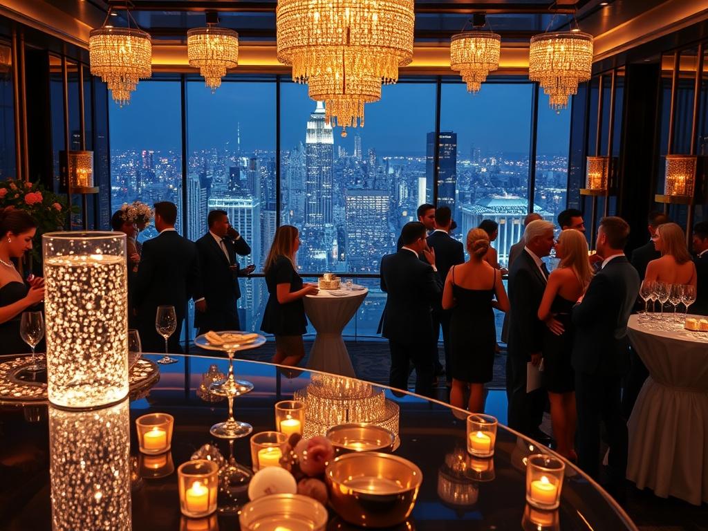 A lavish event scene featuring elegantly dressed guests mingling at a luxurious gala. Soft ambient lighting and sophisticated decor set the mood, while a stunning backdrop of a city skyline adds grandeur. The image should capture a sense of exclusivity and privilege, showcasing the elegance of the event with a dark background and refined gold accents.