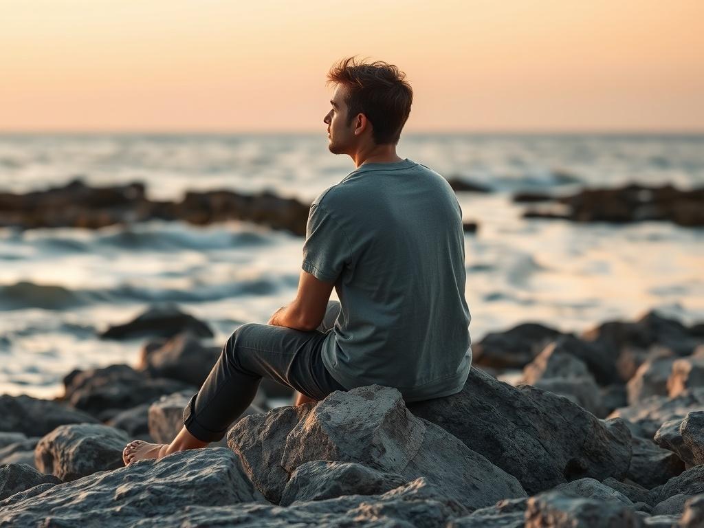 A serene and inviting image of a single person sitting on a rocky shore, gazing into the horizon. The individual appears calm and reflective, with soft natural light illuminating their face. The background features gentle waves lapping against the rocks, with soft earth tones and textures creating a grounded, rustic aesthetic. The sky is a gradient of warm hues, suggesting a sunrise or sunset, symbolizing hope and new beginnings.