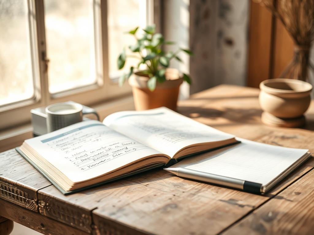 A serene setting featuring a wooden desk with an open notebook and pen, surrounded by natural light. Soft earthy tones and textures create a calming atmosphere. The notebook should have handwritten notes visible, symbolizing a personalized recovery plan. In the background, a potted plant adds a touch of nature, enhancing the grounded aesthetic.