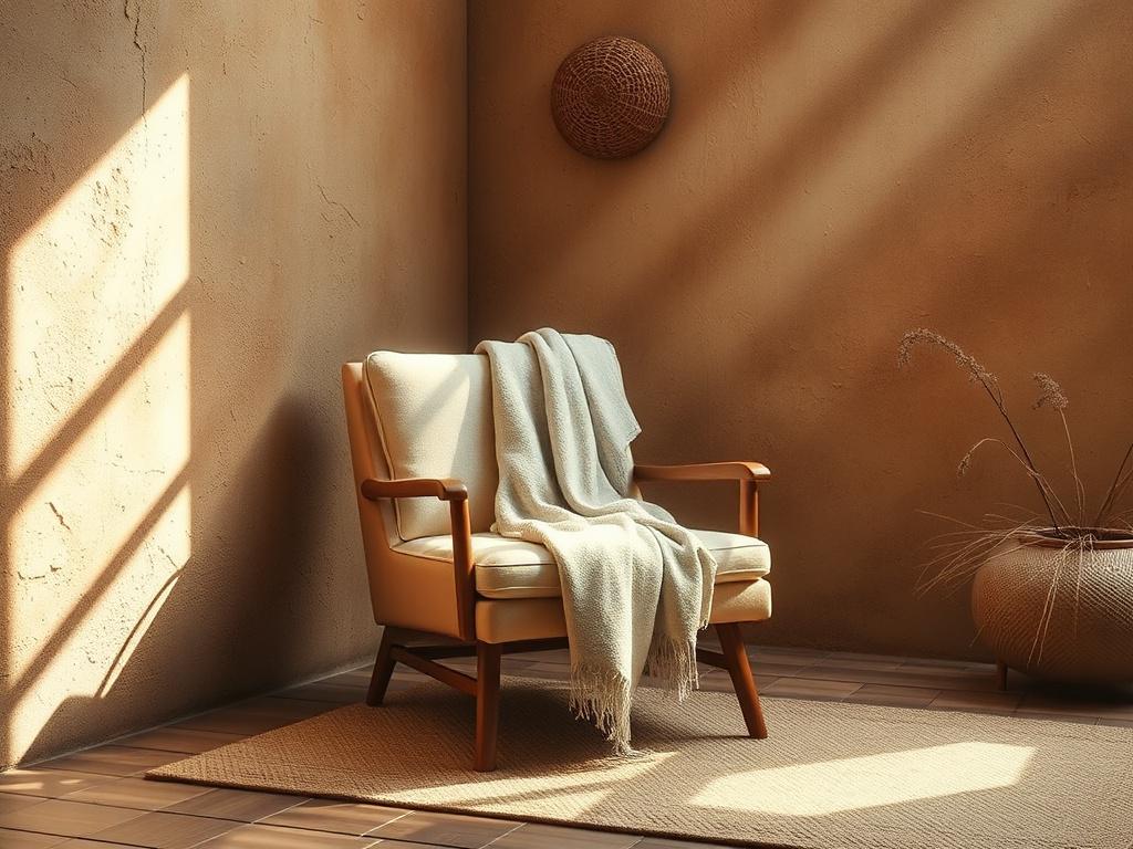 A serene, inviting workspace featuring a single comfortable chair with a soft throw blanket draped over it. The background consists of warm, natural tones with earthy textures, creating a grounded, rustic aesthetic. Sunlight streams in, casting a gentle glow, enhancing the calming atmosphere.