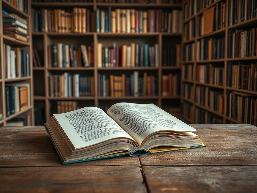 A cozy, rustic library scene showcasing a single open book on a wooden table. The background features shelves filled with various books, with soft lighting creating a warm atmosphere. Natural textures like wood and fabric complement the earthy aesthetic.