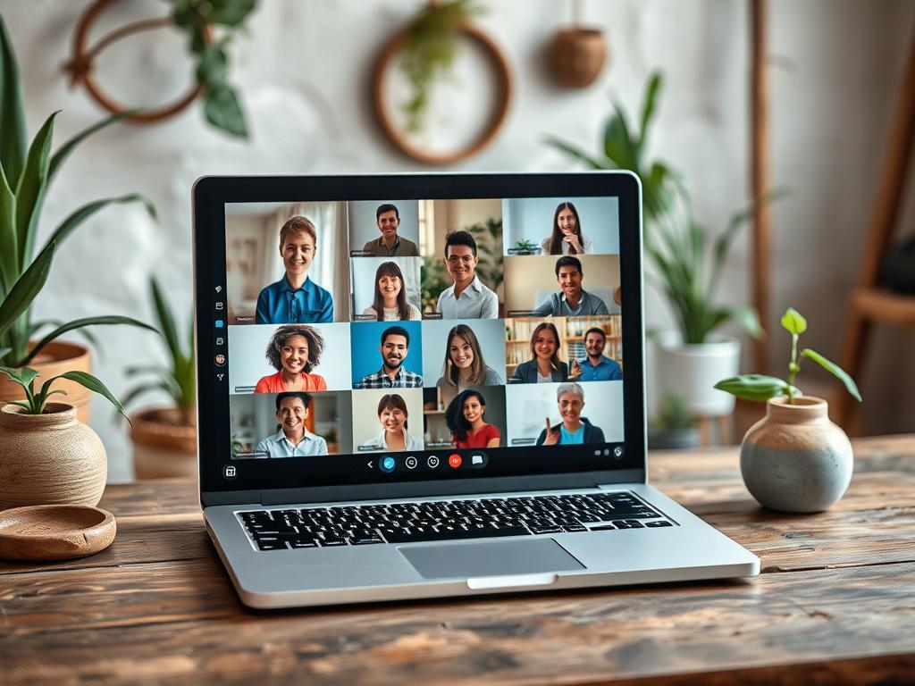 A vibrant digital gathering scene featuring a single laptop displaying a video call with multiple participants. The background showcases a warm, inviting room with plants and natural decor, emphasizing the theme of connection and support.