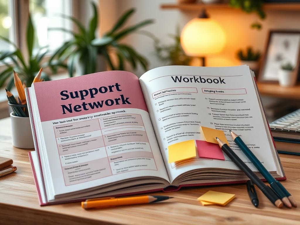 A high-resolution photo of a colorful workbook titled 'Support Network Workbook' open on a desk, surrounded by pens and sticky notes. The pages display engaging exercises and prompts. The background is a cozy home office setting with plants and warm lighting, suggesting a productive environment.