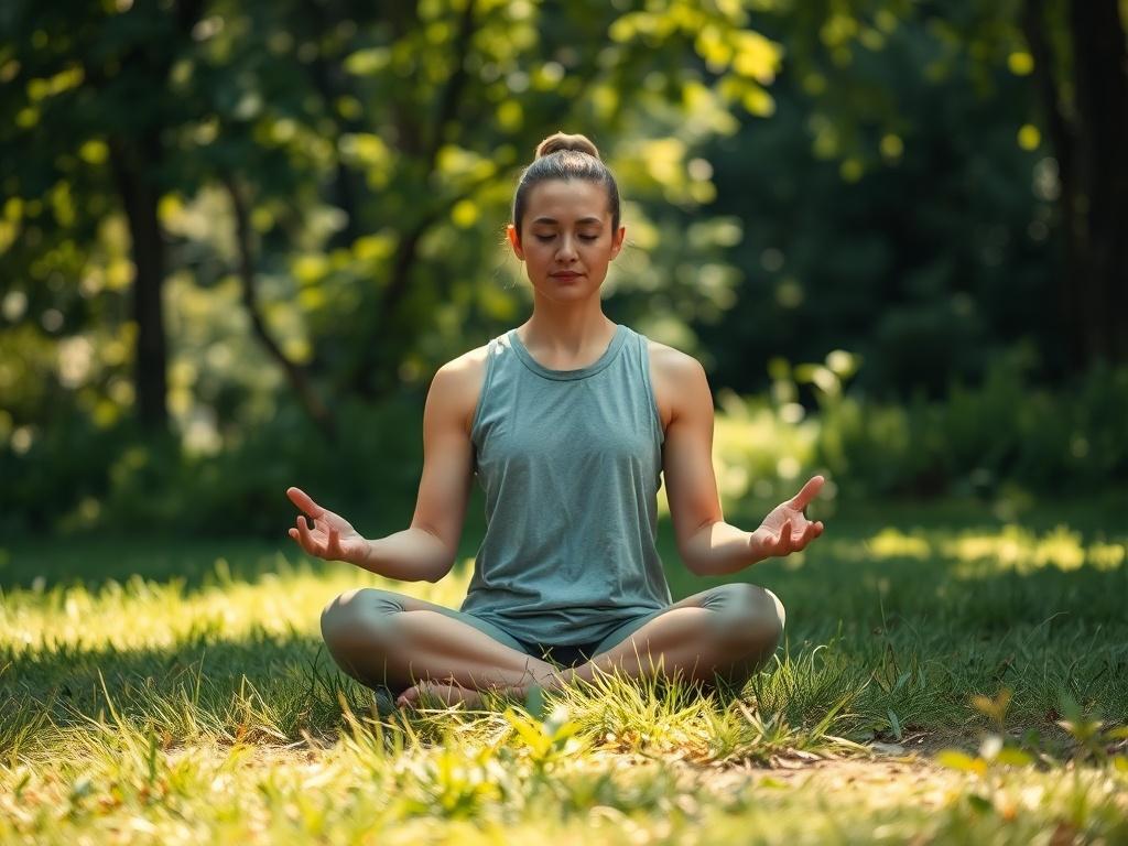 A serene high-resolution photo of a person meditating outdoors, surrounded by nature. The individual sits cross-legged on a grassy area, with soft sunlight filtering through the trees. The focus is on their peaceful expression, conveying tranquility and mindfulness. The background features lush greenery and a calm atmosphere.