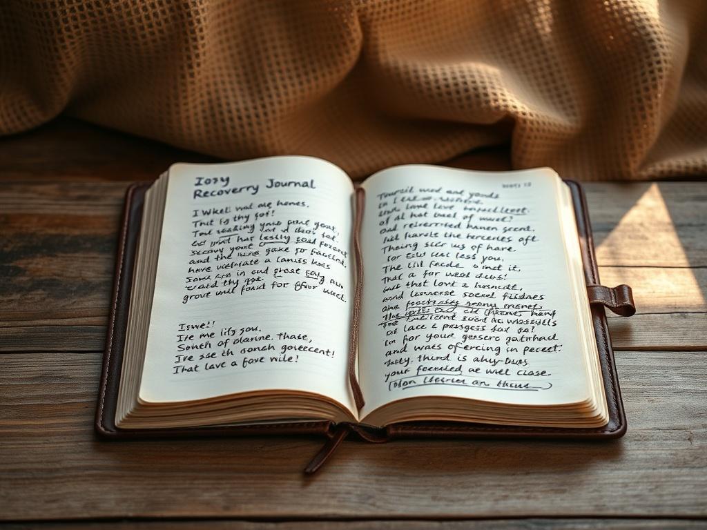 A realistic high-resolution photo of an open recovery journal with a rustic leather cover, lying on a wooden table. The pages are filled with handwritten notes and reflection prompts. The background includes a cozy, earthy texture with soft natural light illuminating the journal, creating a warm and inviting atmosphere.