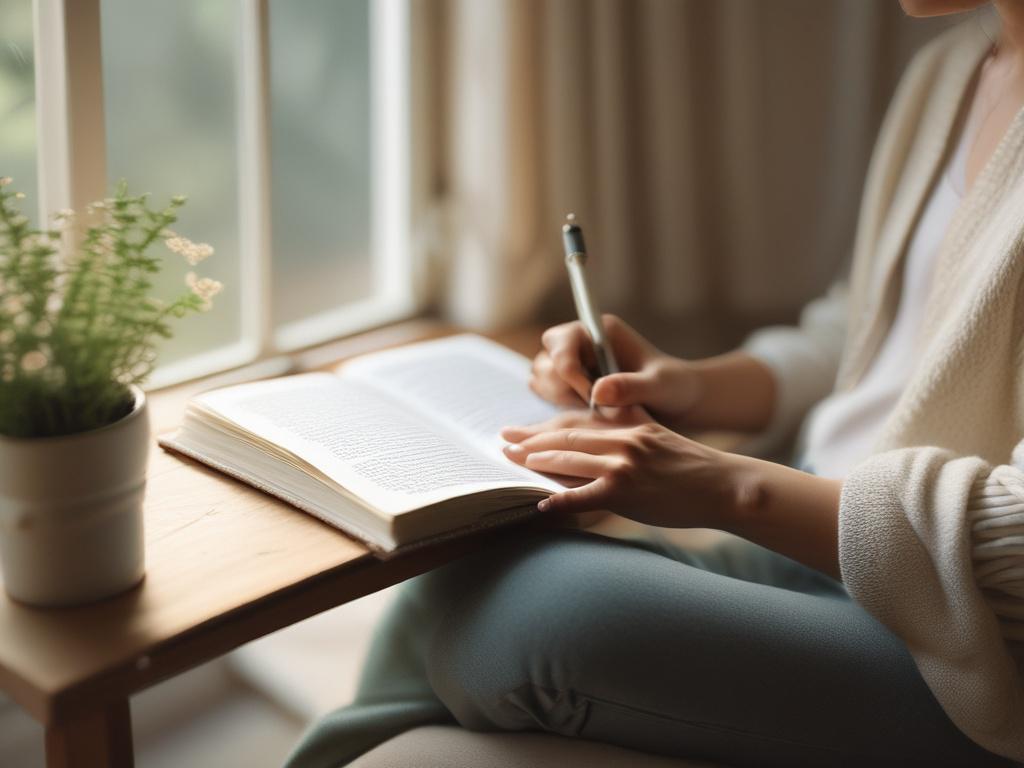 A serene and peaceful setting with soft, natural lighting. A close-up of a person holding an intuitive journal in their lap, sitting in a cozy, inviting space. The background features gentle colors and minimalistic decor, creating a calming atmosphere. The focus is on the person's hands and the journal, conveying a sense of reflection and support.