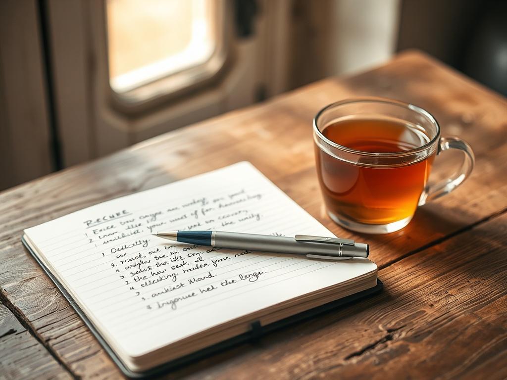 A close-up of a notebook with handwritten notes, a pen, and a cup of herbal tea on a rustic wooden table. The background includes soft, natural light filtering through a window, symbolizing hope, growth, and the process of creating a personalized recovery plan.