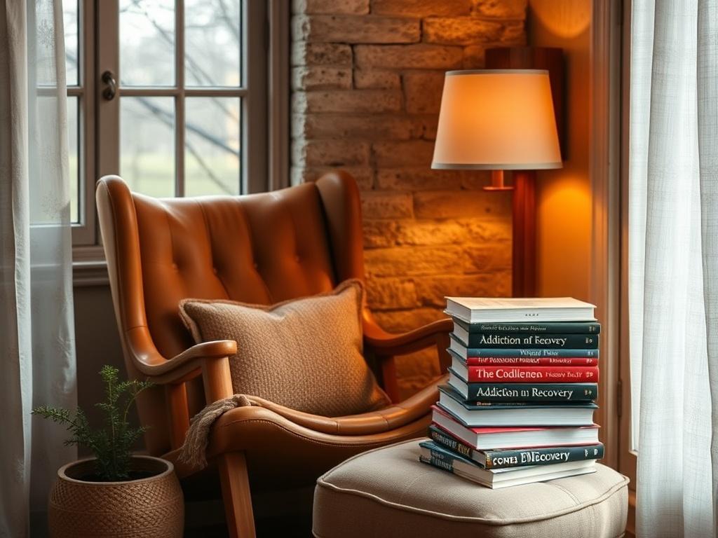 A cozy reading nook featuring a comfortable chair and a stack of books on addiction and recovery. A warm lamp illuminates the space, and a serene window view shows nature outside, creating an inviting atmosphere for learning and personal growth.