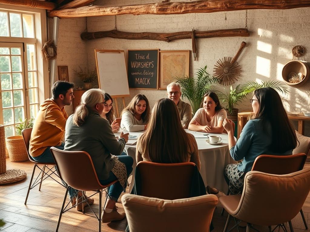 A high-resolution image of a lively group workshop in progress, showcasing participants actively engaging in discussion and activities. The room is filled with warm, natural light and earthy decor, creating an inviting atmosphere that encourages open communication and support.