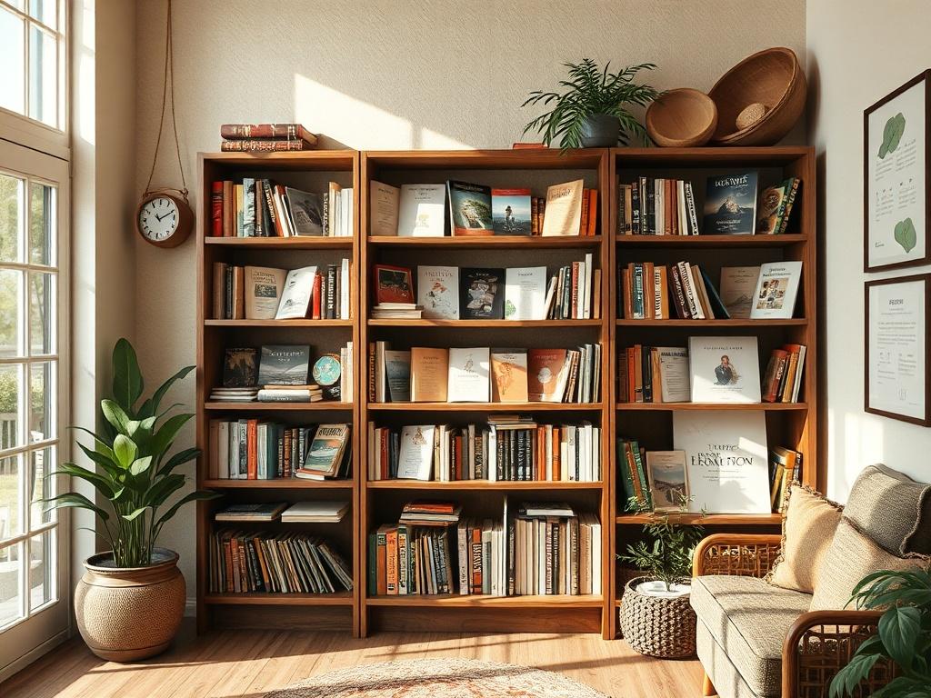 A high-resolution image depicting an inviting bookshelf filled with well-organized recovery resources, such as books, pamphlets, and educational materials. The setting is warm and cozy, with natural lighting highlighting the earthy tones and textures of the room, creating a peaceful and inspiring environment.