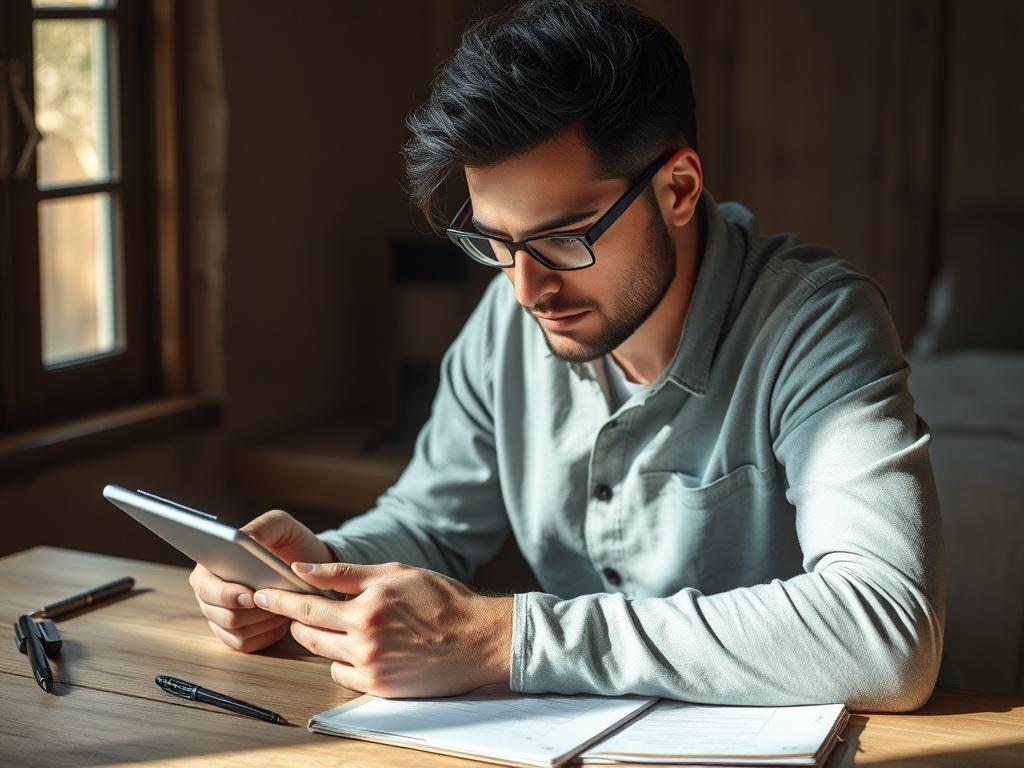 A focused individual reviewing a personalized recovery plan on a tablet. The scene should depict a calm and organized workspace, with a pen and notes nearby, creating an atmosphere of determination and purpose. Soft natural light should illuminate the space, highlighting the person's engagement with the plan.
