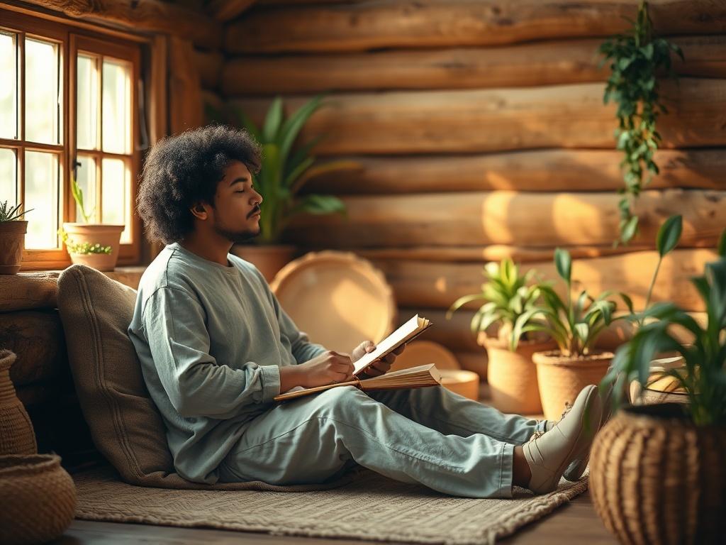 A serene and inviting image of a person sitting comfortably in a cozy, rustic room, surrounded by warm, earthy tones. The individual is engaged in a moment of reflection, perhaps journaling or meditating, with natural light streaming through a window. The background features wooden textures and plants, creating a grounded atmosphere that conveys peace and support.