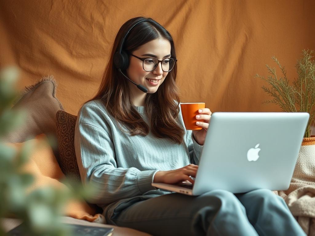 A serene scene depicting a person sitting comfortably with a laptop and a cup of tea, engaged in a virtual support session. The background features warm, earthy colors and soft textures that evoke a sense of calm and safety.