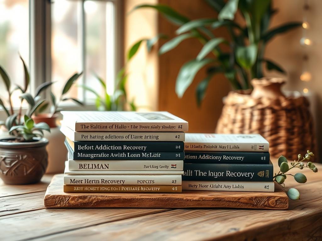 A cozy reading nook set up with a stack of books related to addiction recovery, placed on a natural wooden table. The background should feature warm, earthy tones with plants and natural light filtering in, creating an inviting atmosphere for study and reflection.