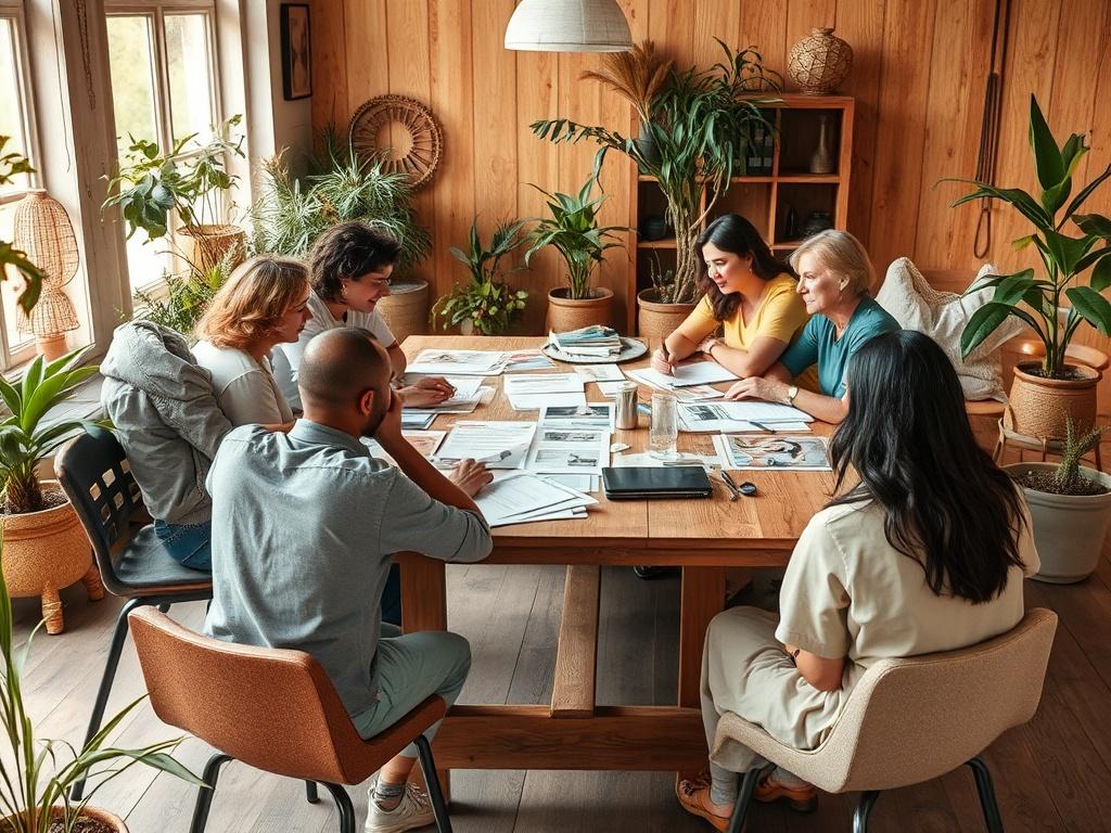 A vibrant workshop setting with a group of individuals actively participating in a discussion around a large table, filled with recovery-related materials. The background should include natural elements like plants, soft lighting, and a warm color palette that fosters a sense of community and learning.