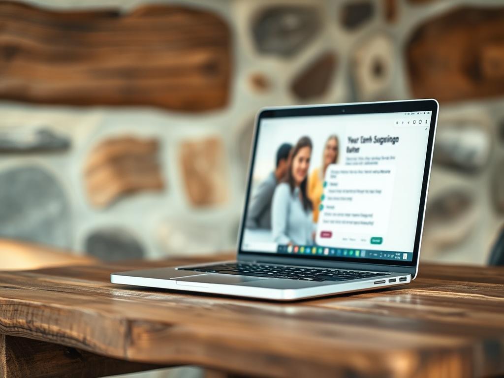 A serene, comfortable virtual consultation setting featuring a laptop on a rustic wooden table. The background should have earthy textures, like natural wood and stone, with soft, warm lighting creating a welcoming atmosphere. The laptop screen should display a blurred image of a supportive conversation, emphasizing connection and understanding in recovery.