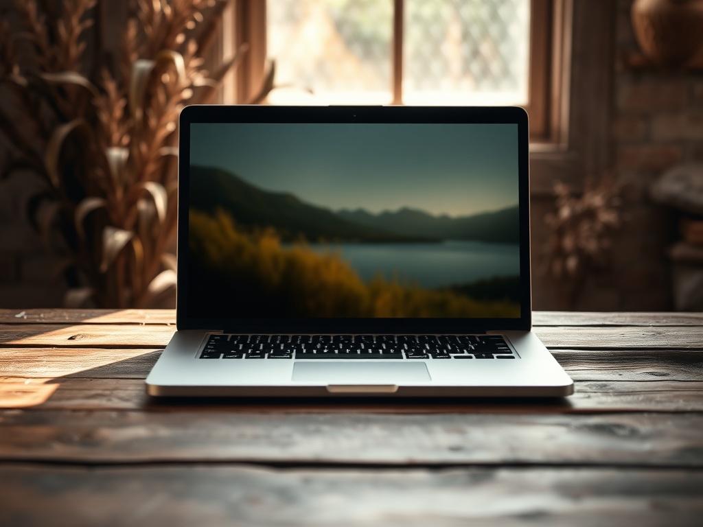A serene, high-resolution image of an open laptop on a rustic wooden table, surrounded by soft natural light. The screen displays a calming scene, possibly a nature landscape, symbolizing recovery and tranquility. The background features earthy textures, such as plants or stone, enhancing the grounded aesthetic. The overall color palette resonates with warm, earthy tones, aligning with the primary color of rgb(227, 152, 78).