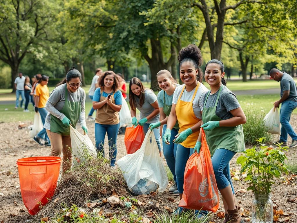 A vibrant community cleanup event with volunteers picking up trash in a park, smiling and working together, surrounded by nature.