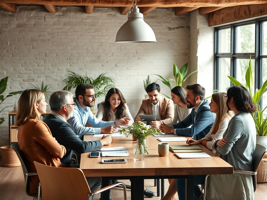 A realistic high-resolution photo of a collaborative meeting between representatives of different organizations, showcasing a diverse group discussing ideas at a table. The environment reflects a professional yet friendly atmosphere, with natural lighting and plants in the background.