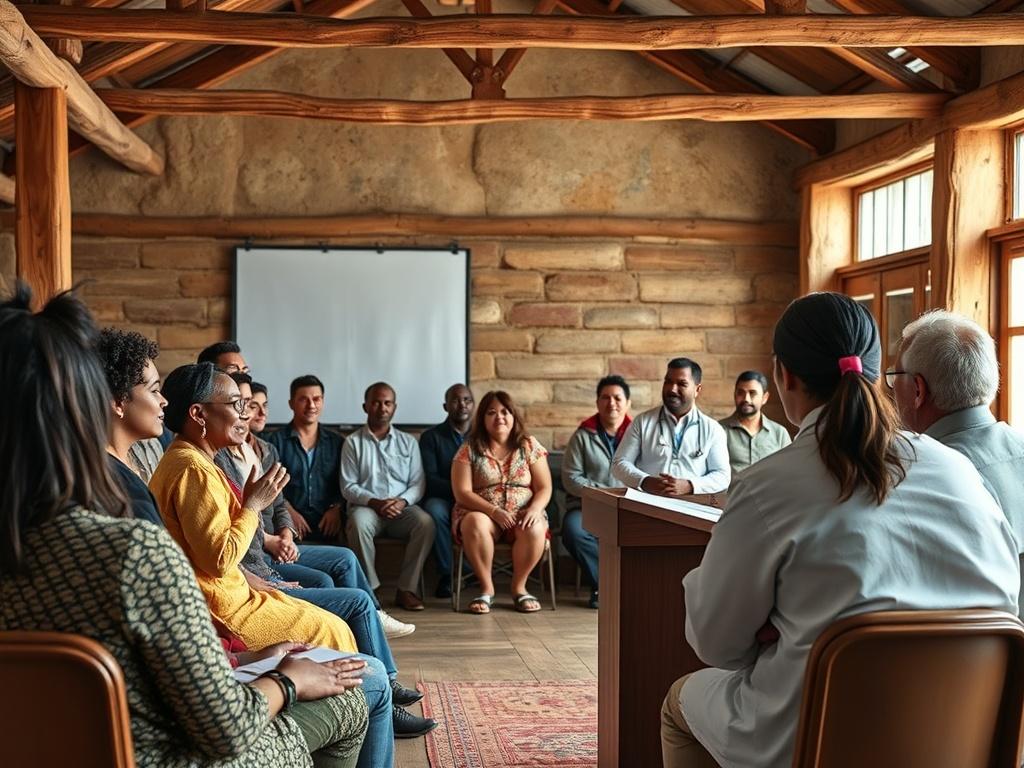 A community health forum with a diverse group of people listening to a healthcare professional speaking at a podium, in a spacious venue.
