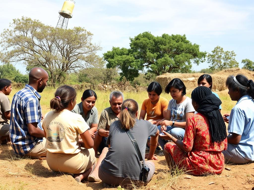 A realistic high-resolution photo of a community workshop in a rural setting, showing diverse individuals engaged in discussions and activities. The background features natural elements like trees and a clear blue sky, emphasizing a sense of collaboration and empowerment.