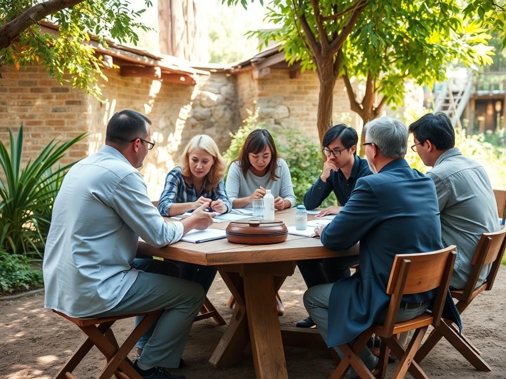A high-resolution photo of an educational workshop taking place outdoors, with participants actively engaging in discussions around a table. The setting includes greenery and natural light, conveying a sense of openness and learning.