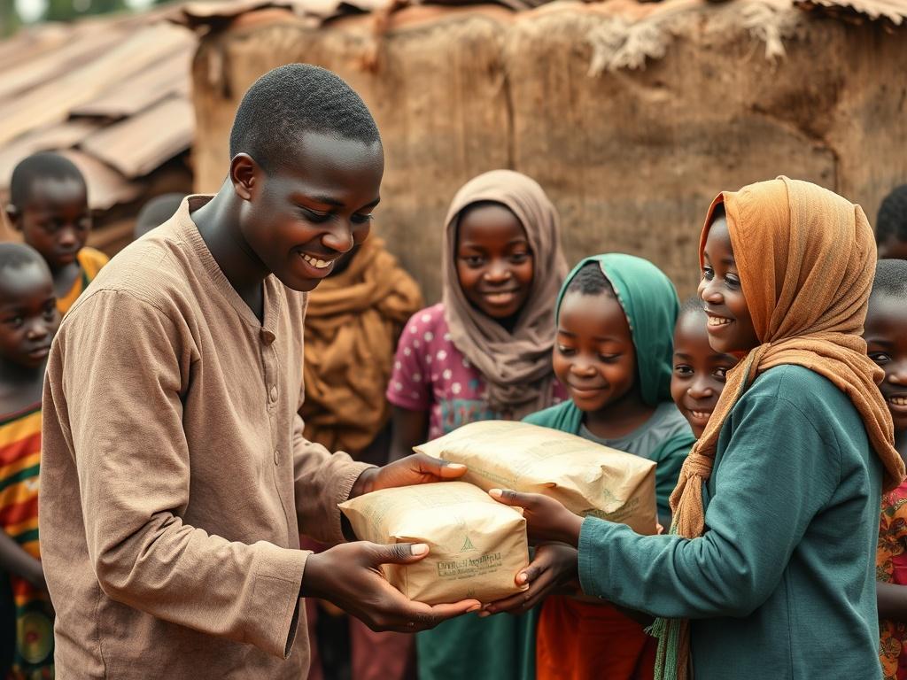 An image of a caring volunteer distributing food packages to