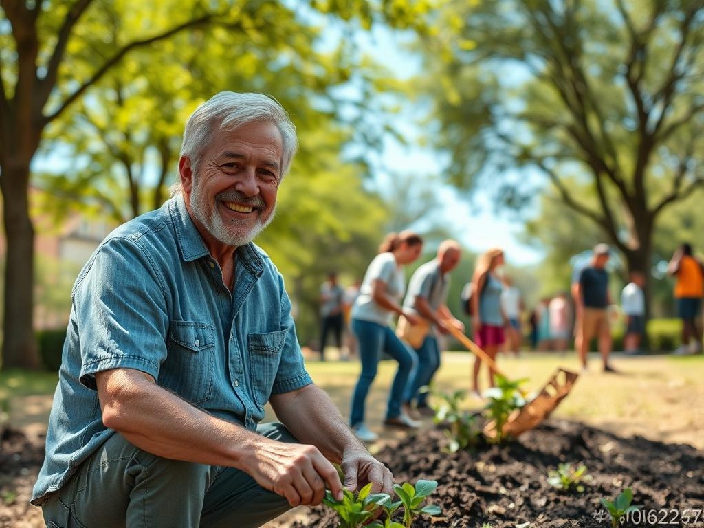 Create a realistic high-resolution photo depicting the theme "L'importance de l'engagement communautaire." The image should feature a single subject: a middle-aged man wearing casual clothing, actively engaged in a community activity such as planting trees or participating in a neighborhood clean-up. He should be smiling and showing enthusiasm, embodying a sense of purpose and connection to the community. 

The background should be a vibrant outdoor setting, showcasing a park with lush green trees and a cle