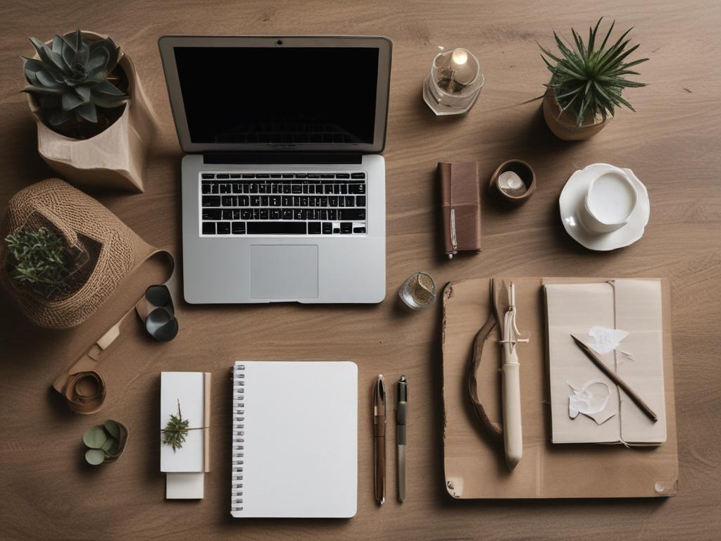 an elegant event planning setup, a planner with a notebook and laptop organizing details, a calm and focused atmosphere, natural tones, rustic aesthetic