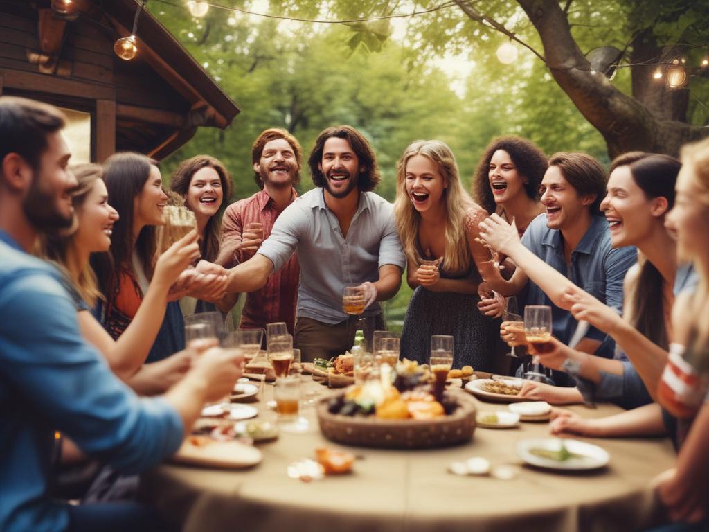 A realistic high-resolution photo of a lively party scene featuring a single joyful person hosting a group game. The person is in mid-action, engaging guests with a traditional party game in a warm, rustic outdoor setting. The background includes natural tones with earthy textures like wooden furniture and greenery, reflecting a grounded and inviting atmosphere. The primary color rgb(4, 104, 120) subtly appears in the host's attire or game props, enhancing the cohesive and inviting aesthetic.