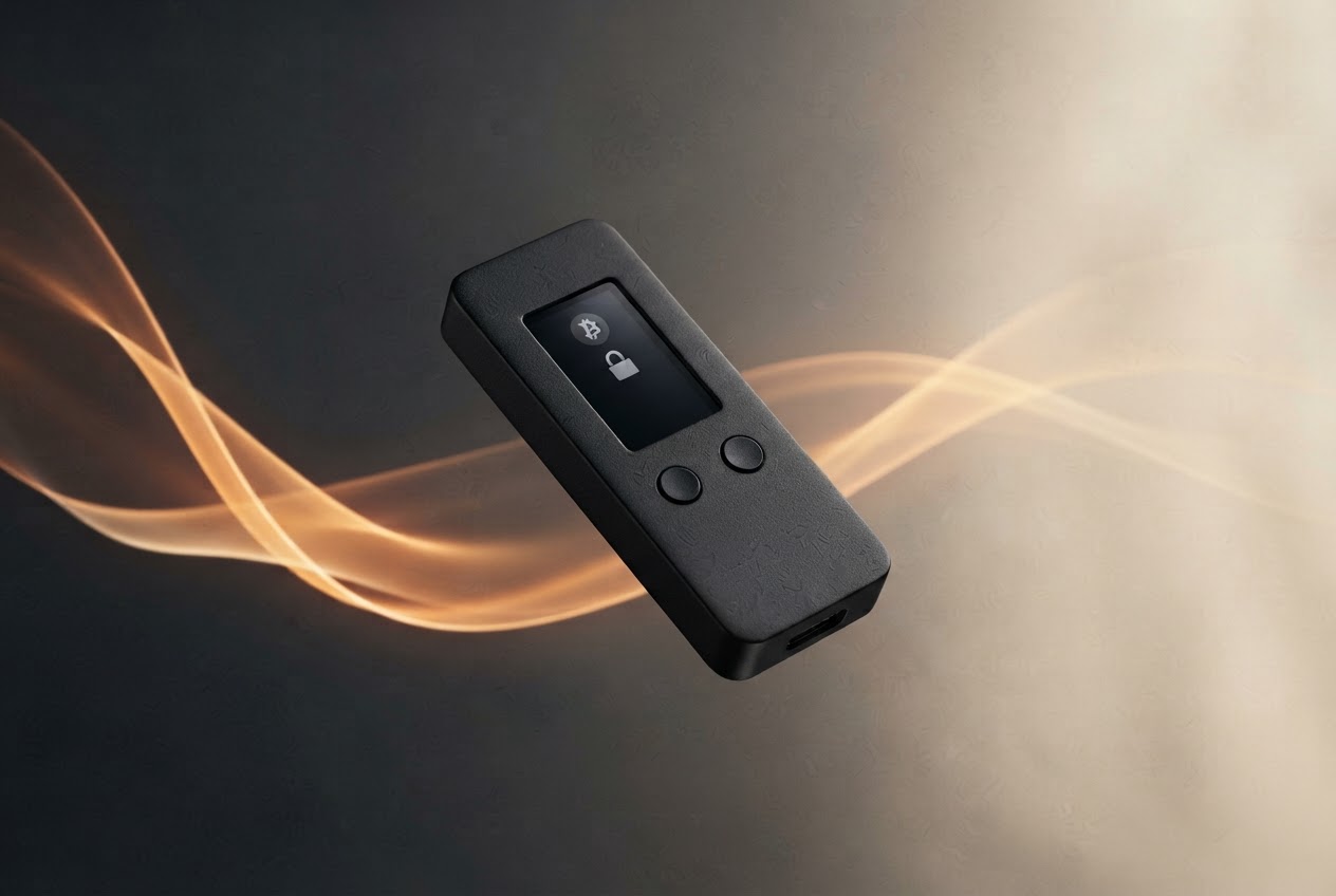 A hardware wallet device presented in a warm studio setting