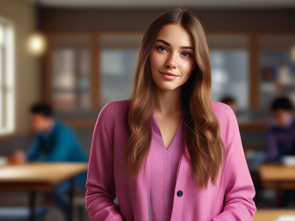 A beautiful college student escort with long hair, dressed elegantly