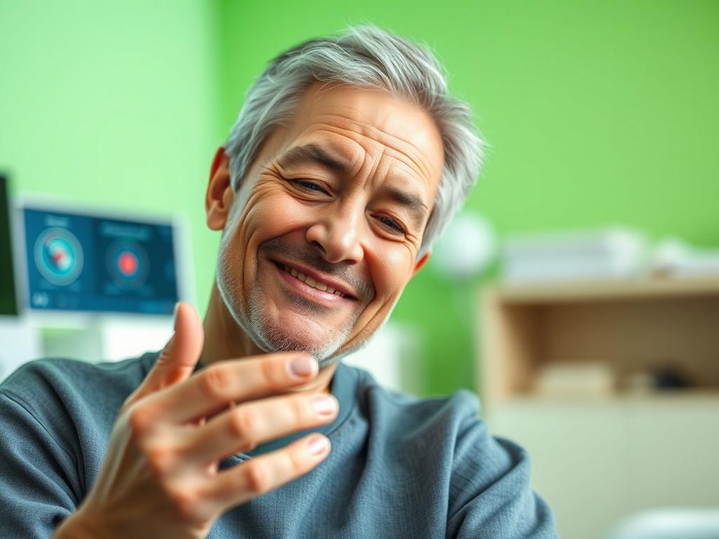 A hyper-realistic close-up image of a patient interacting with a digital pain assessment tool, showcasing their facial expression of relief and understanding. The background should be a calming clinical environment, emphasizing comfort and innovation, with a green color theme that matches the rgb(50, 170, 39) primary color.