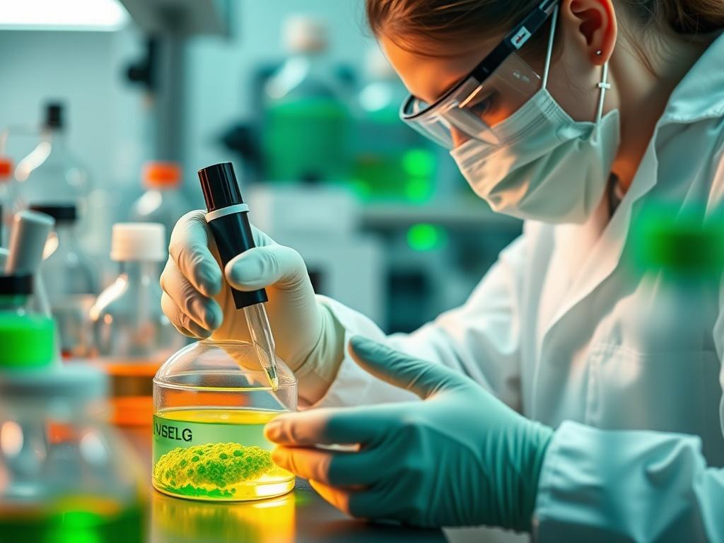 A hyper-realistic close-up shot of a laboratory scientist carefully working on regenerative health products, with vibrant lab equipment in the background. The focus should be on the scientist's hands and the innovative materials used in research, complemented by a green color palette that aligns with the rgb(50, 170, 39) primary color.