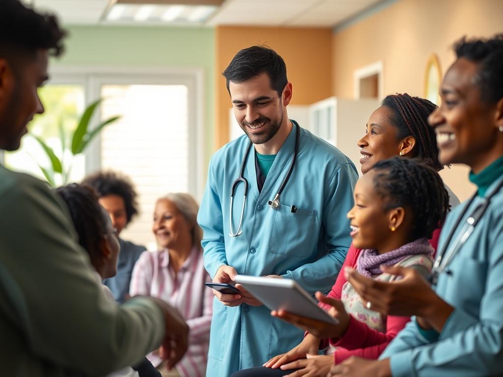 A hyper-realistic close-up photo of a diverse group of patients engaging with healthcare professionals in a warm, welcoming clinic environment. The background should reflect inclusivity and compassion, with elements of green to represent health and vitality, in line with the rgb(50, 170, 39) primary color.