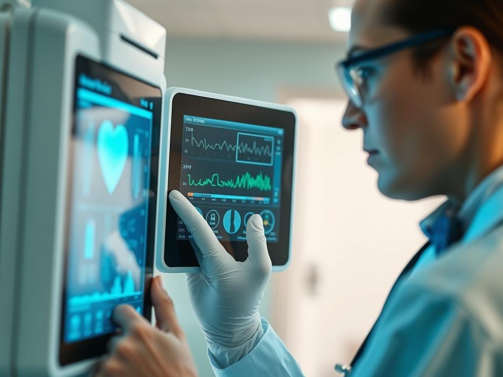 A hyper-realistic close-up photograph of a medical professional examining a high-tech diagnostic device, with a focus on the screen displaying health data. The background should be a soft, blurred hospital setting, conveying a sense of innovation and care. The color palette should feature shades of green to align with the rgb(50, 170, 39) primary color.