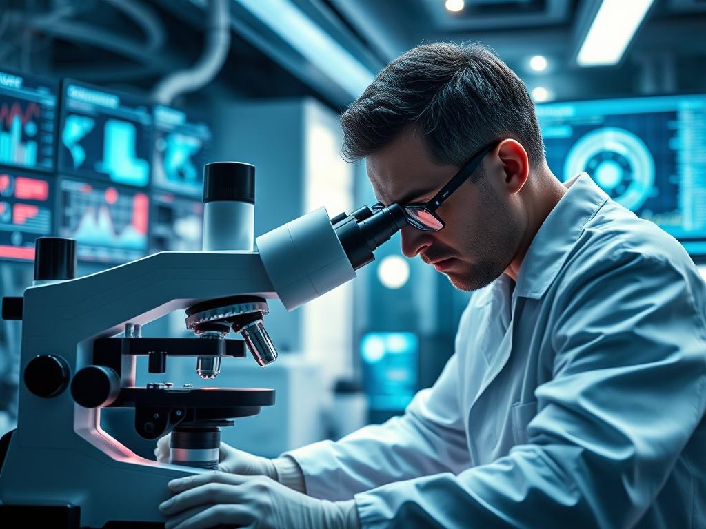 A close-up shot of a futuristic biotech laboratory featuring a scientist in a white lab coat, intensely analyzing samples under a high-tech microscope. The background should display advanced lab equipment and glowing screens with data analytics. The color scheme should incorporate shades of the primary color #062767, creating a sleek and innovative atmosphere.