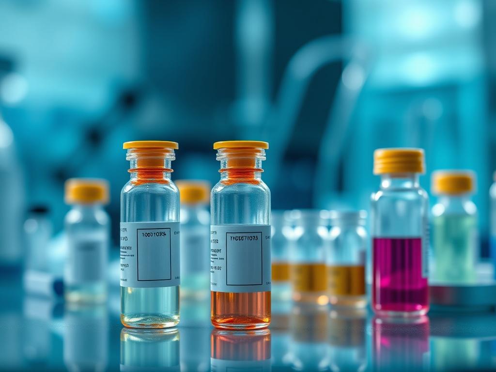 A hyper-realistic close-up shot of a laboratory setting showcasing vials and samples related to biotechnological innovations, symbolizing advanced healthcare solutions. The background is softly blurred to emphasize the vials, with a blue-green color palette that complements the #062767 primary color. The image captures a sense of precision and cutting-edge technology.